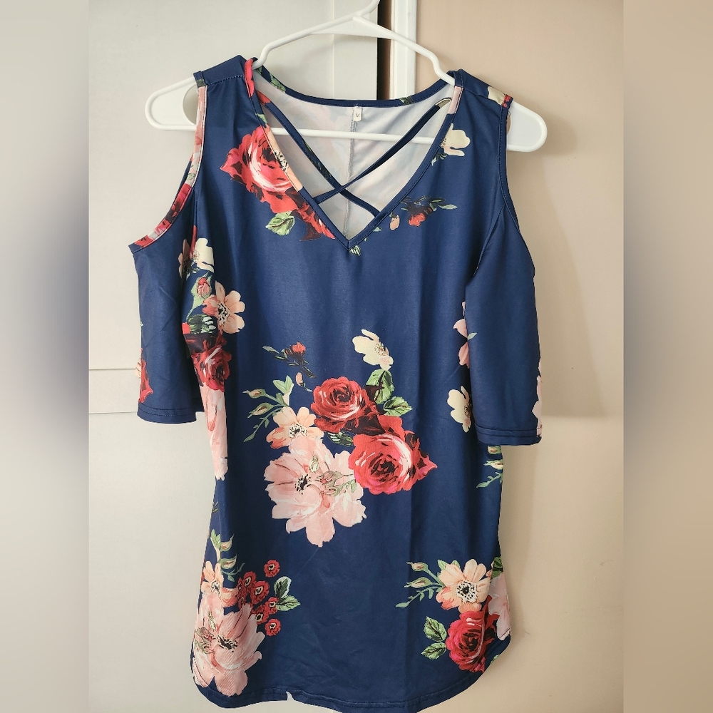 Flower Print Cold-shoulder Top Womens